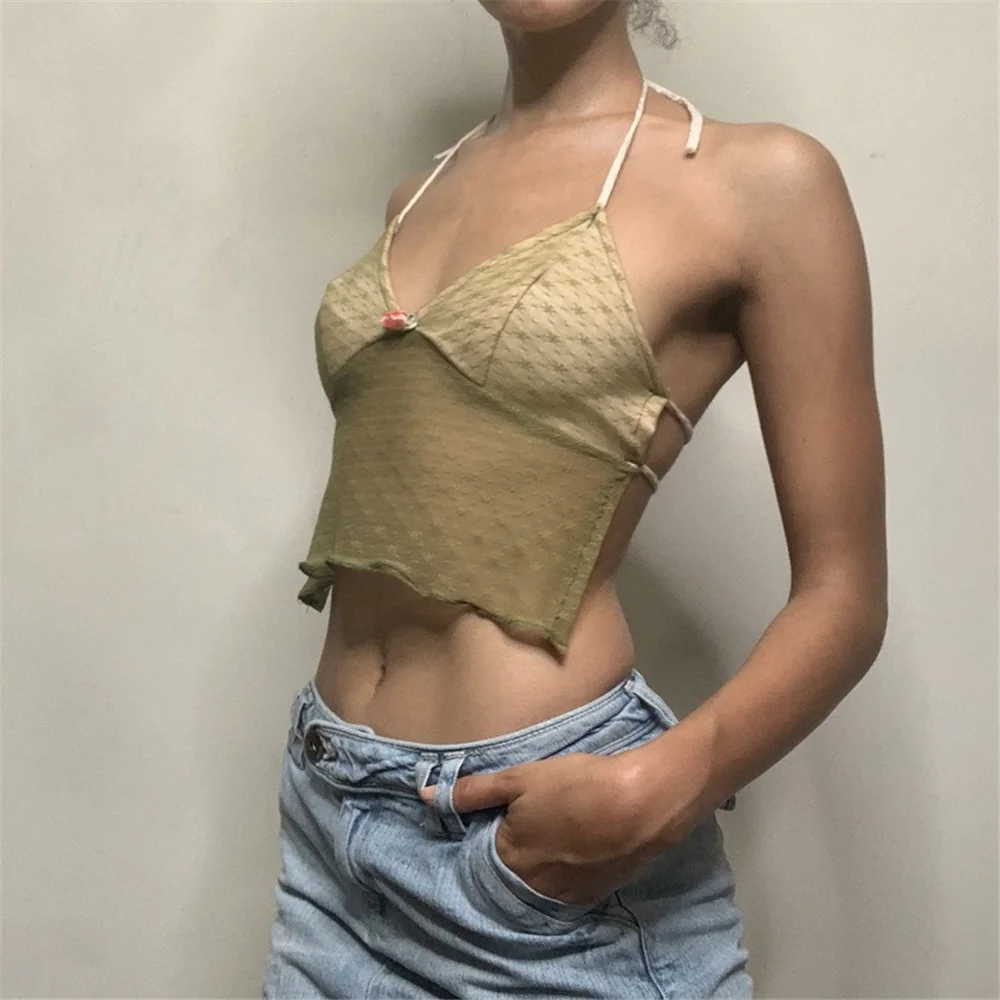 

Fairy Summer Retro Embroidery Women Sleeveless Backless Crop Tops Sexy Solid Color Halter Bandage Camis Tanks Female Clothes