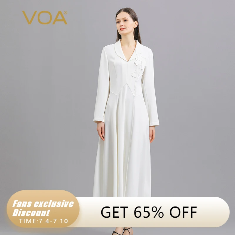 

VOA Silk 60m/m Heavy White Shawl Collar Long Sleeve Embroidered Three-dimensional Decoration Large Swing Woman Dress AE1268