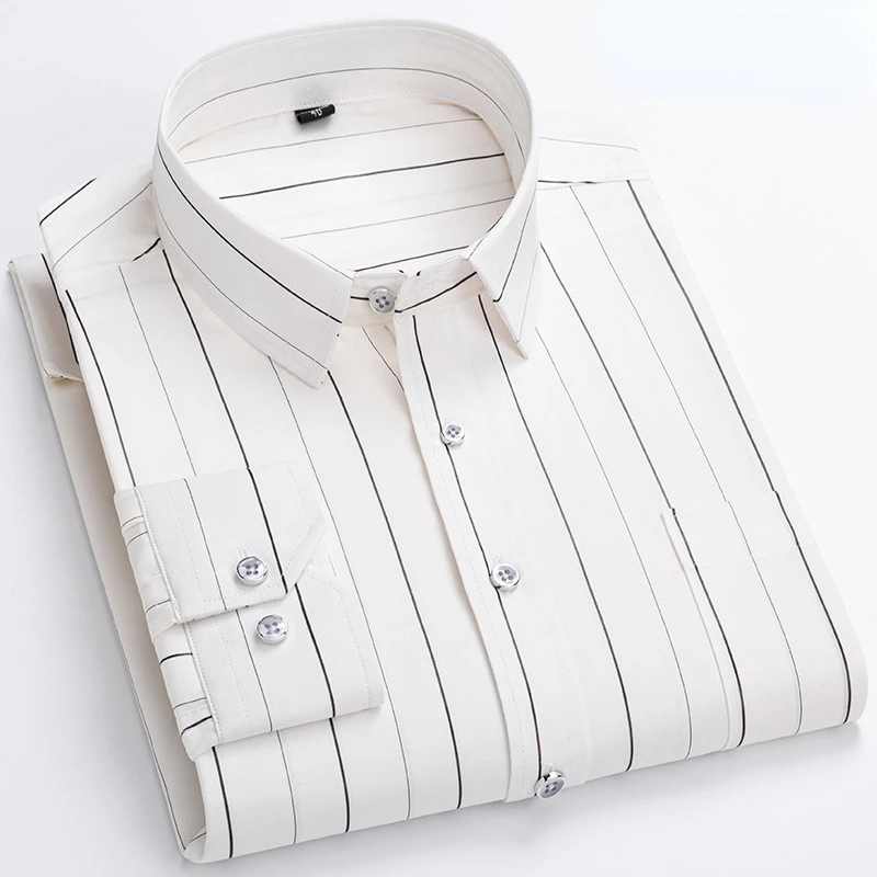 Casual Slim Fit Long Sleeve Shirts for Men Anti-wrinkle Striped Elastic Button Up Shirt Camisas 95% Polyester Fiber + 5% Spandex