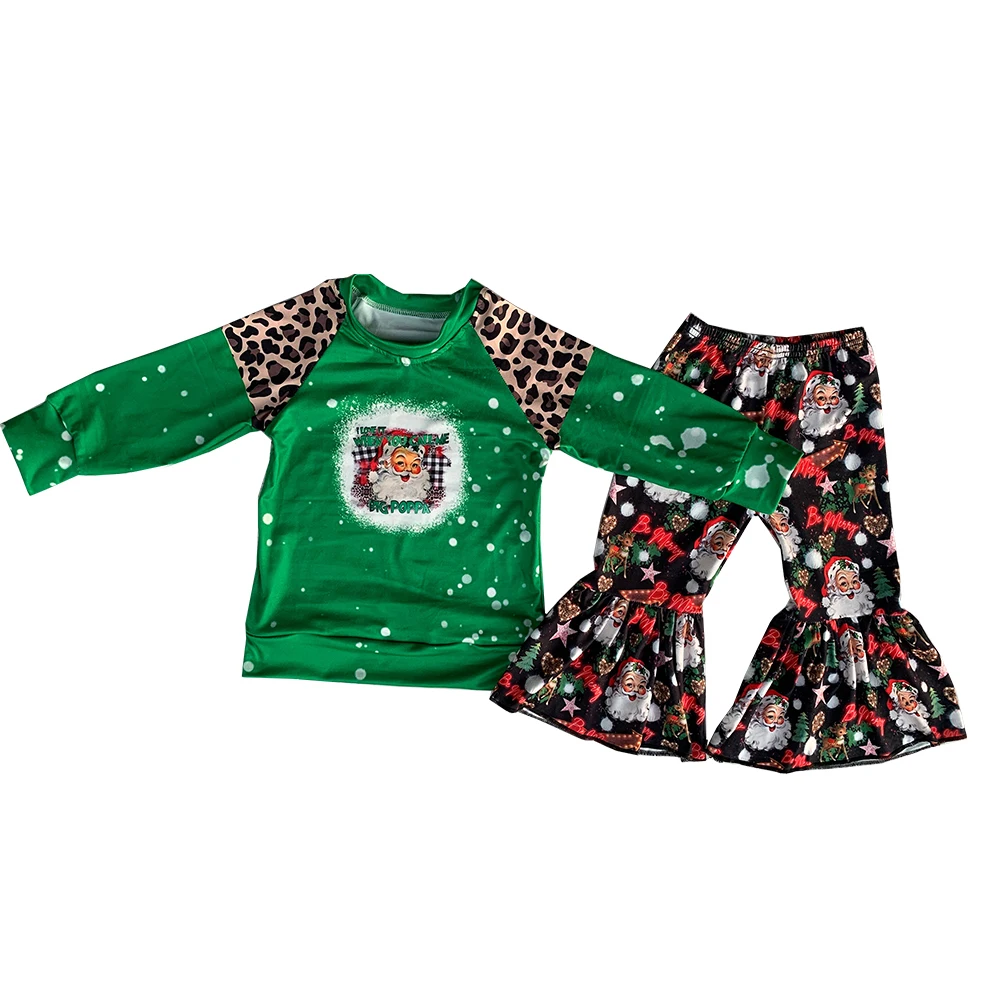 

Рождественская одежда из буйвола, клетчатый Леопардовый топ с длинным рукавом, повседневные штаны с колокольчиком, комплекты одежды для девочек