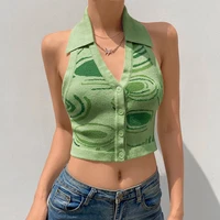 women vintage paisley printed knitted backless tops y2k green blue harajuku button up halter tops aesthetic 90s cute camisole