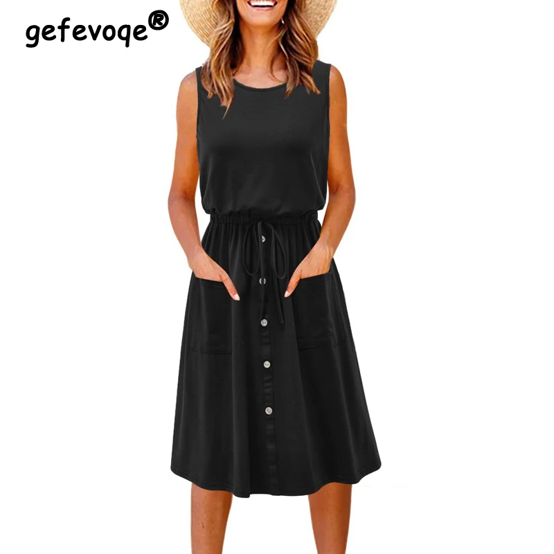 

Summer O Neck Sleeveless Solid Color Pockets Button Tunics Midi Dress Women Casual Lace Up Street Beach Dresses Robe Femme 2022