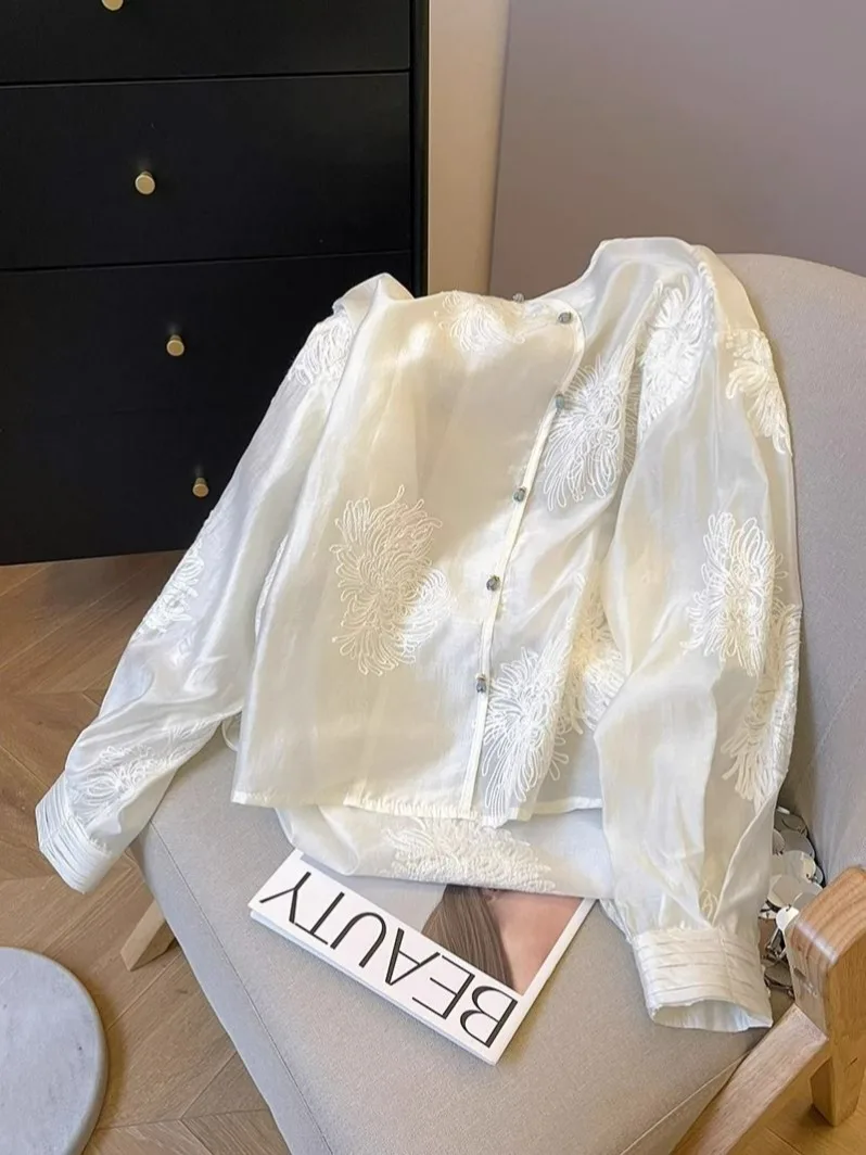 Шифоновые женские блузки в китайском стиле летние рубашки с вышивкой и круглым