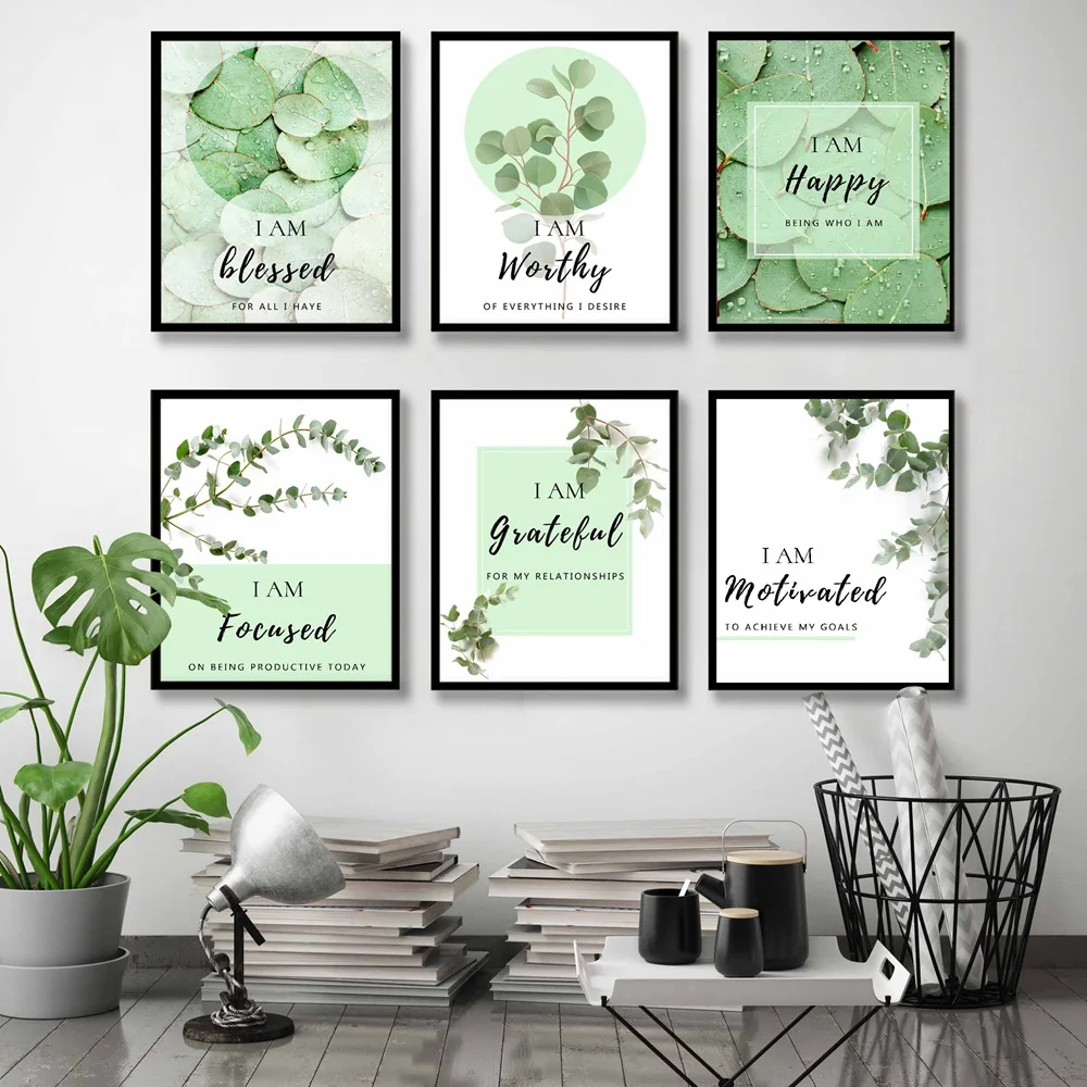 

A set of 6 photos fashion art green leaves plants canvas painting English slogans wall art posters home decoration murals