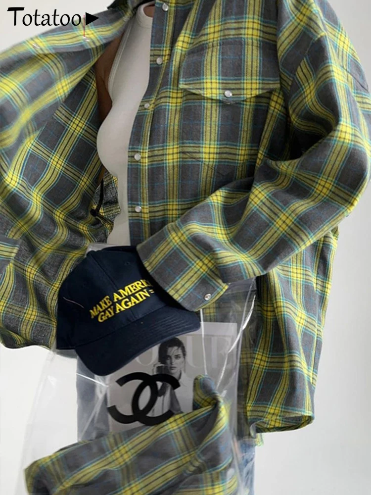 Винтажная женская клетчатая блузка Totatoop рубашки 2024 осенняя оверсайз на