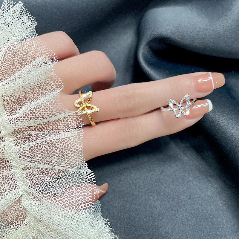 Модные кольца серебряного цвета с кристаллами и бабочкой Регулируемые Стразы