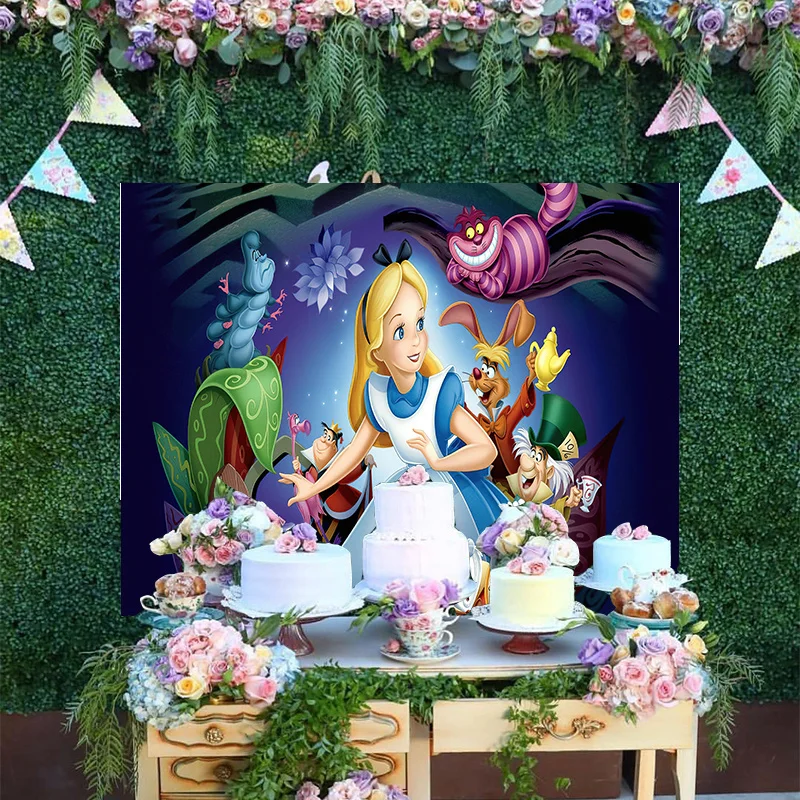 

Disney Girls Princess Alice In Wonder Mad Hatter Custom Magic Backdrop Painting Baby Happy Birthday Party Backgrounds Banner
