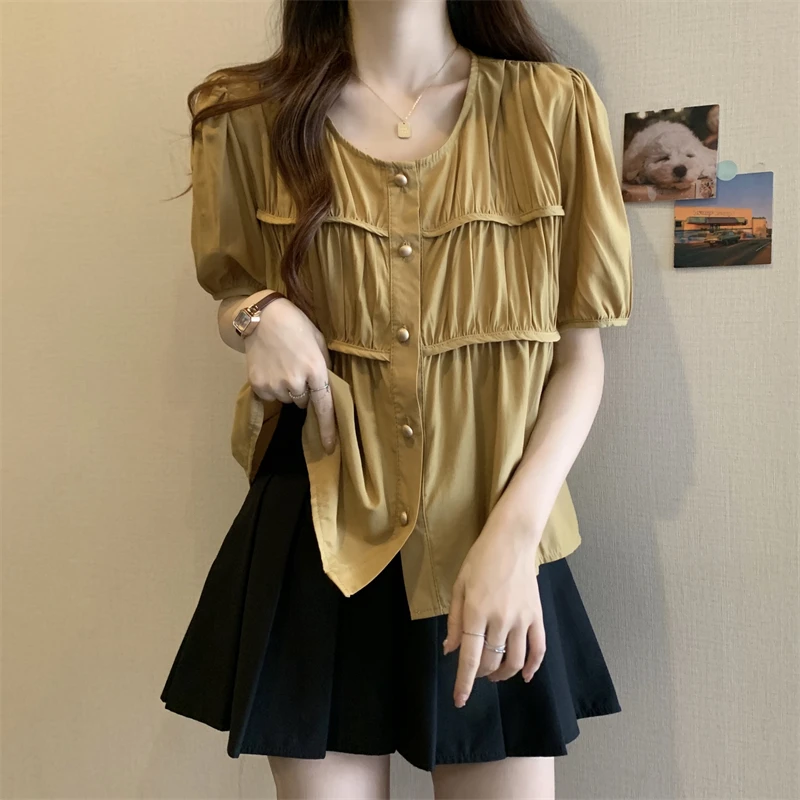 

2023 New Arrival Summer Korean Style Women Loose Fit O-neck Short Sleeve Blouse Patchwork Single Breasted Casual Shirts V609
