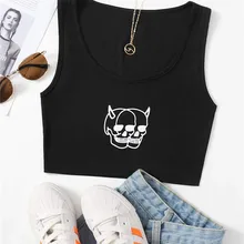 Black Gothic Ribbed Skull Print Crop Tank Top Women Y2K Summer Clothes High Street Style Sleeveless 