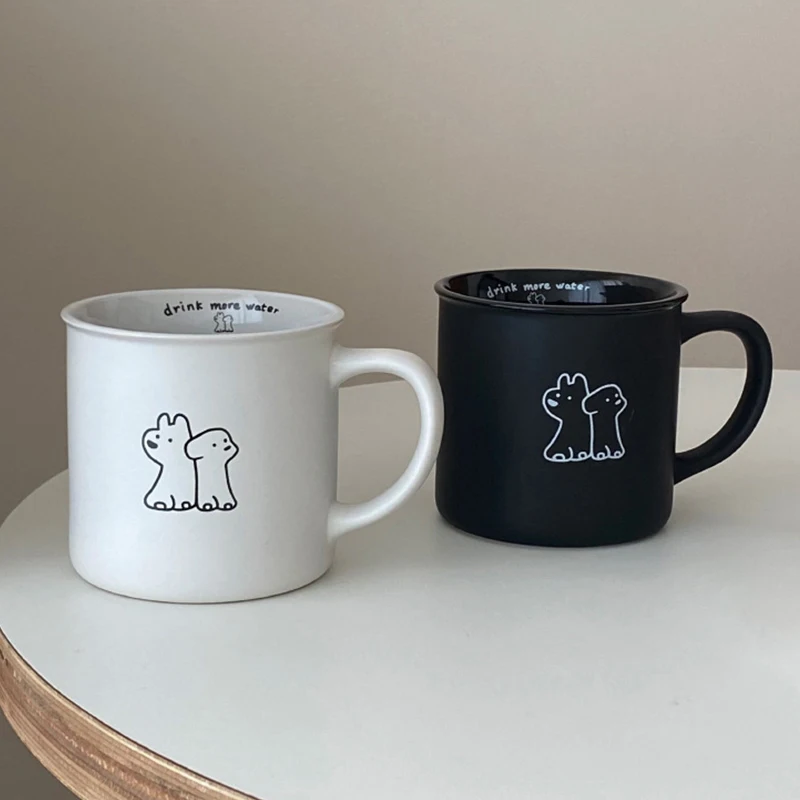 

Black White Frosted Ceramic Mug Cute Puppy Cartoon Couple Cups Home Office Breakfast Milk Coffee Water Cup Drinkware Gift