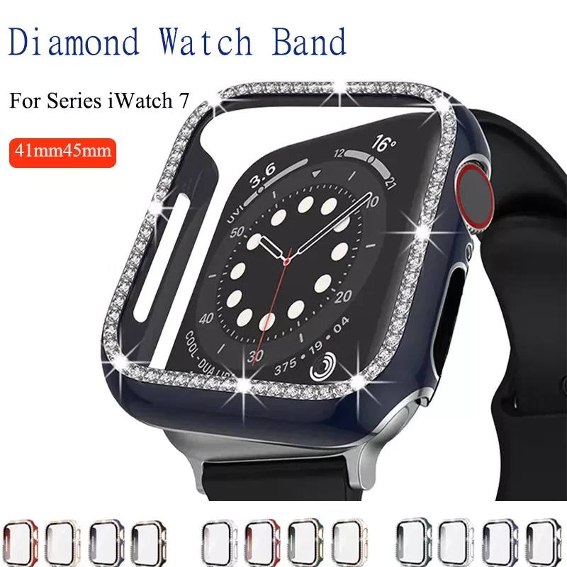 

Diamond for Apple Watch Case Series 7 PC+plating+tempered glass Two-color protective cover for iWatch 41mm 45mm
