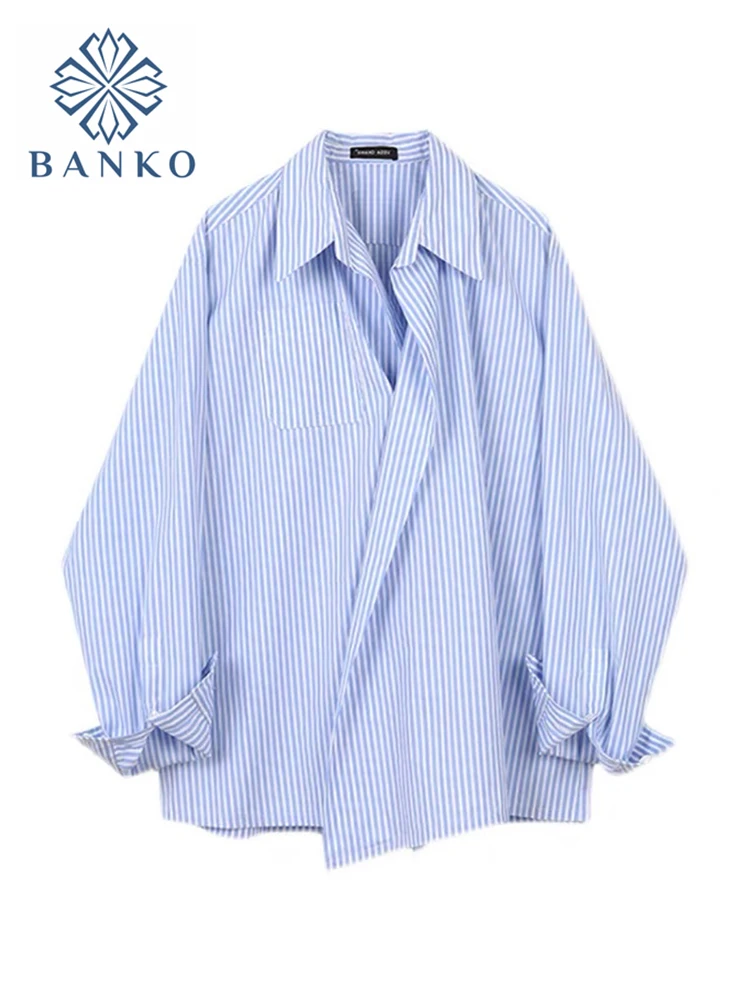 Fashion Tops Women's Shirt Chic Turn-down Collar Shirt Long Sleeve Blue Striped Oversize Casual Blouse Hipster Korean Spring New