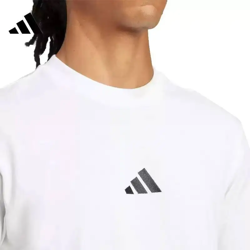 Фото Новая мужская летняя спортивная одежда Adidas с короткими рукавами, повседневная спортивная одежда для бега, белая футболка из чистого хлопка с круглым вырезом JF1092 №1
