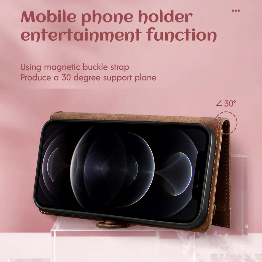 Кожаный чехол-книжка с 9 отделениями для карт и молнией iPhone 16 Pro Max