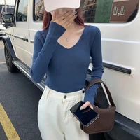 yasuk spring autumn fashion casual t shirts v neck pullover womens slim tees simple soft knitted sweater sexy all match