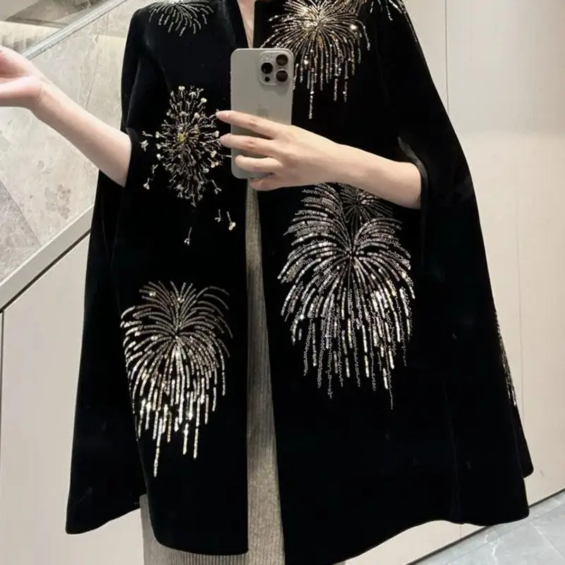 Ретро фейерверк шаль с вышивкой модная черная бархатная накидка пальто