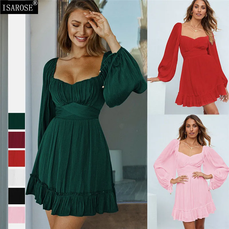 

ISAROSE Women Ruffle Dress Spring Autumn Square Collar Solid Color Long Lantern Sleeve High Waist A-line Casual Dresses with Bow