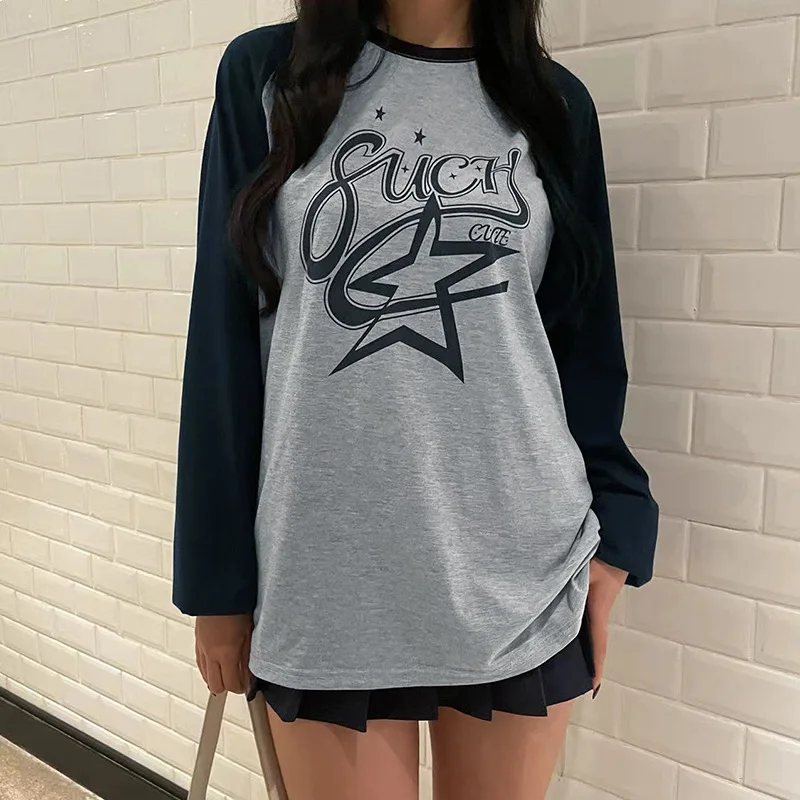 

Autumn Winter Patchwork Tshirt y2k Vintage Loose Pullovers Casual Harajuku Grunge Fairycore Women Tees Top Clothing Streetwear