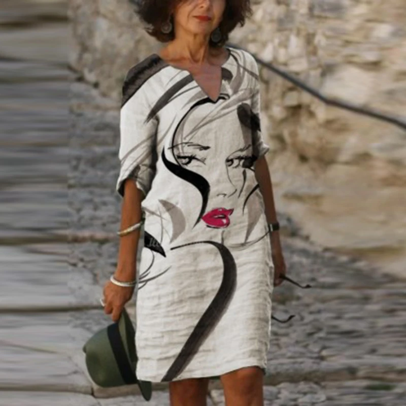 

Vintage Abstract Face Printed A-Line Party Dress Women 2021 Summer V-neck Half Sleeve Mini Dresses Autumn Casual Loose Vestidos