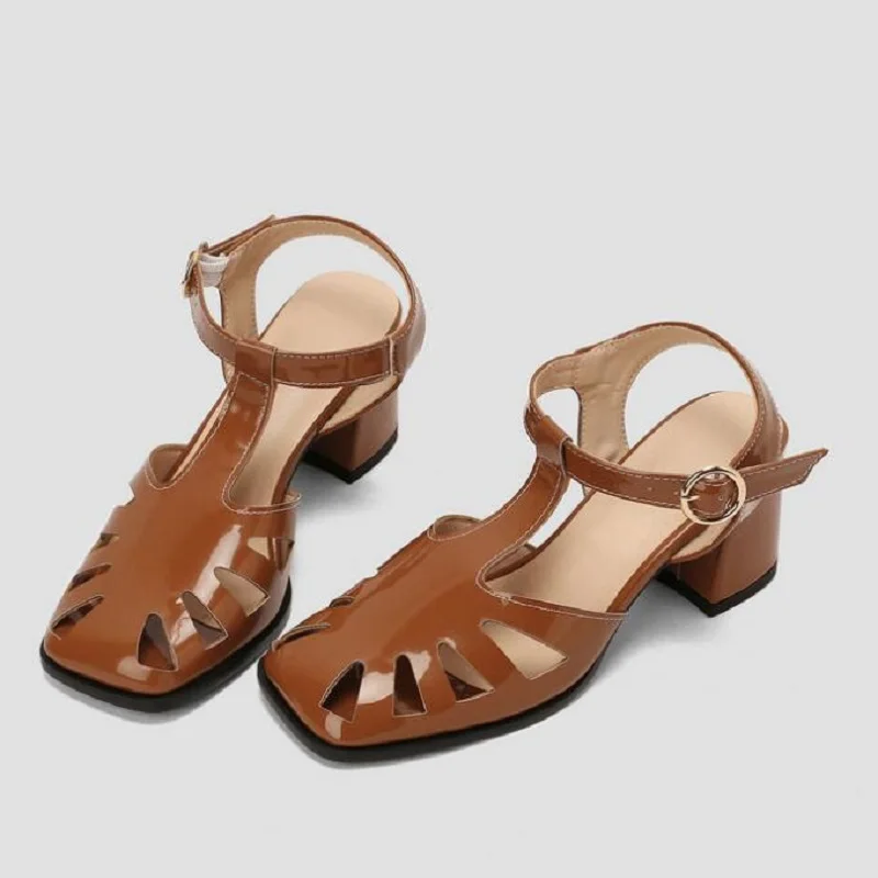 

Summer Women's Sandals Fashion Hollow Chunky High Heels Shoes Roman Style Sandals For Women Buckle Strap Designer Large Size 43