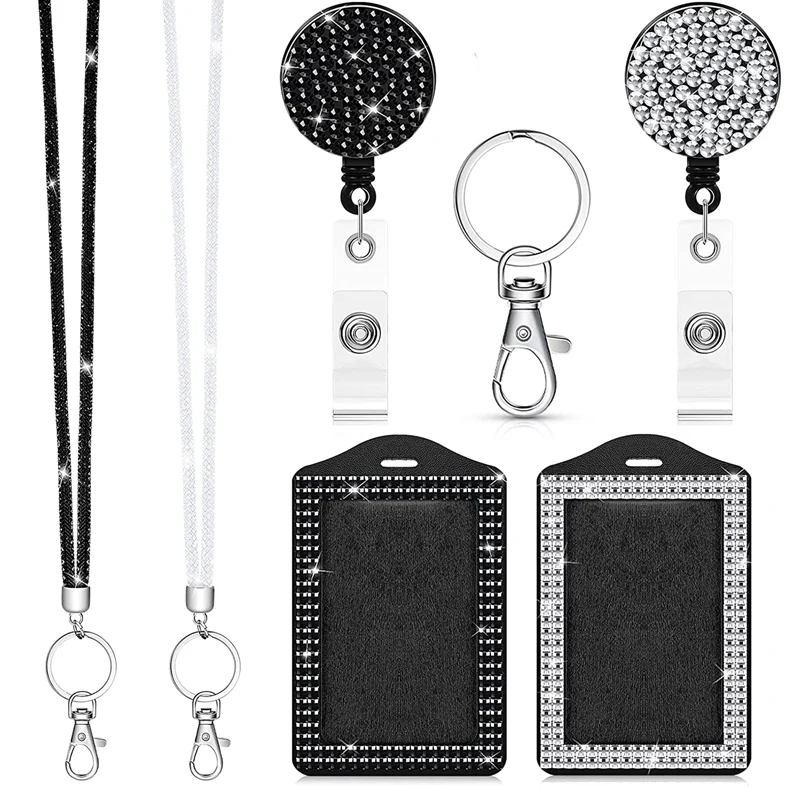 

Rhinestone Bling Badge Holder Necklace Lanyard 2 Set Sparkly Diamond Lanyard with ID Holder and Badge Reel