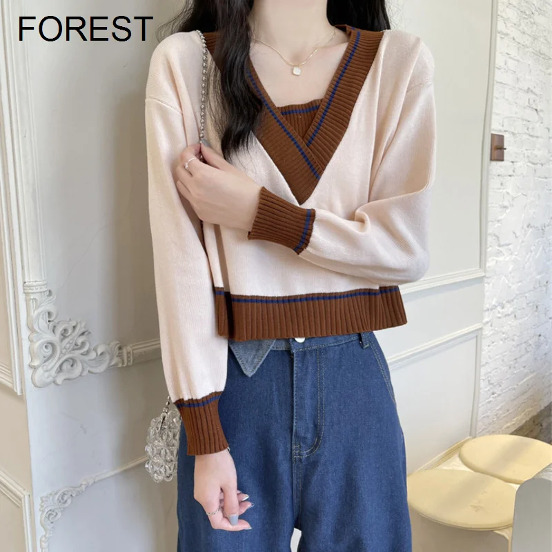 

Women Knitied Sweater Autumn 2022 New Korean Style Design Fake Two-piece Contrast V-neck Long Sleeve Top Women's Simple Sweater