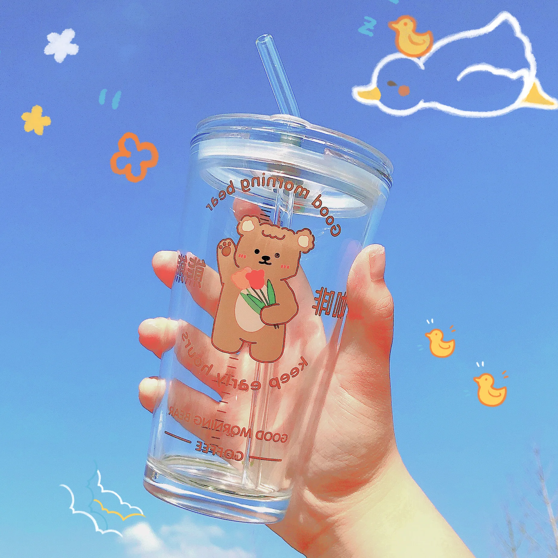 

1 / 2pcs Cute Animal Bear Glass, Leakproof Straw Cup, Water Cup, Juice, Milk Cup Tumbler Cup Glassware for Drinking Glass Cups