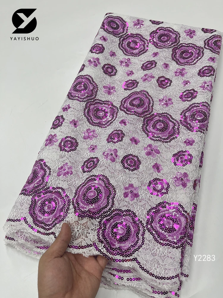 

2022 African Lace Fabric 5Yards High Quality Lace Sequins French Lace Tulle Mesh Fabrics Purple Beads Wedding Fabrics Y2283