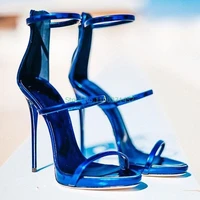 open toe one word belt sandals ankle belt zipper cover heels high thin heels solid blue black woman party novelty spring sandal