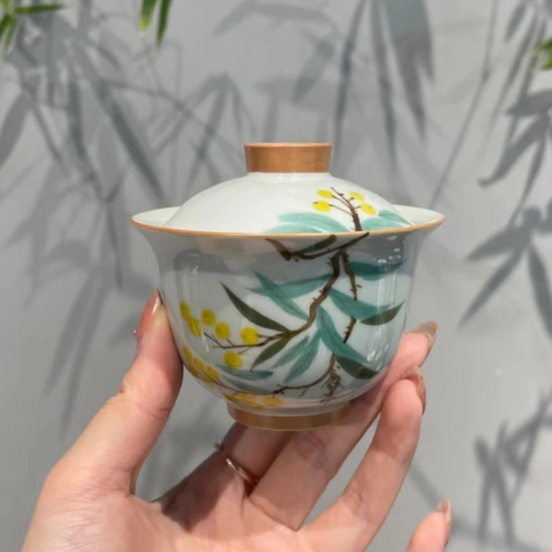 

Antique Gray Underglaze Fine Hand-painted Loquat Two Talented Cover Bowl Household Chinese Tea Brewing Ware Tea Bowls