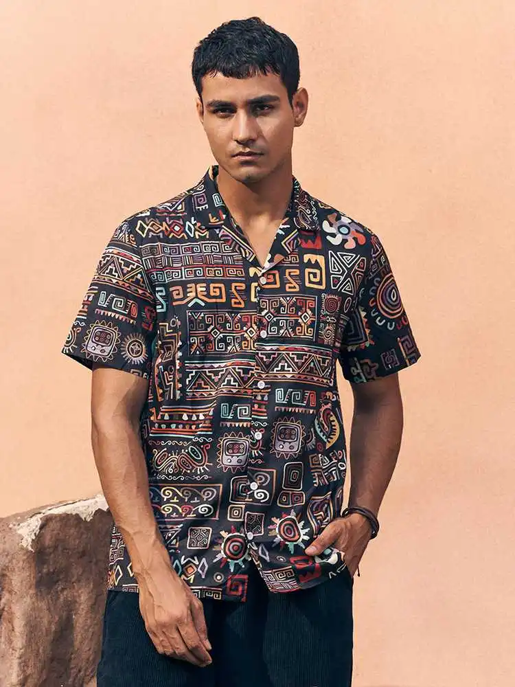 CharmkpR Fashion Men's Tribal Geometry Printing Blouse Casual Streetwear Male Lapel Collar Short Sleeve Button Shirts S-2XL 202