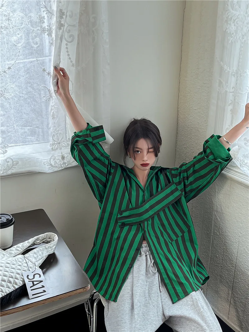 Полосатая рубашка в Корейском стиле Повседневная модная с асимметричным