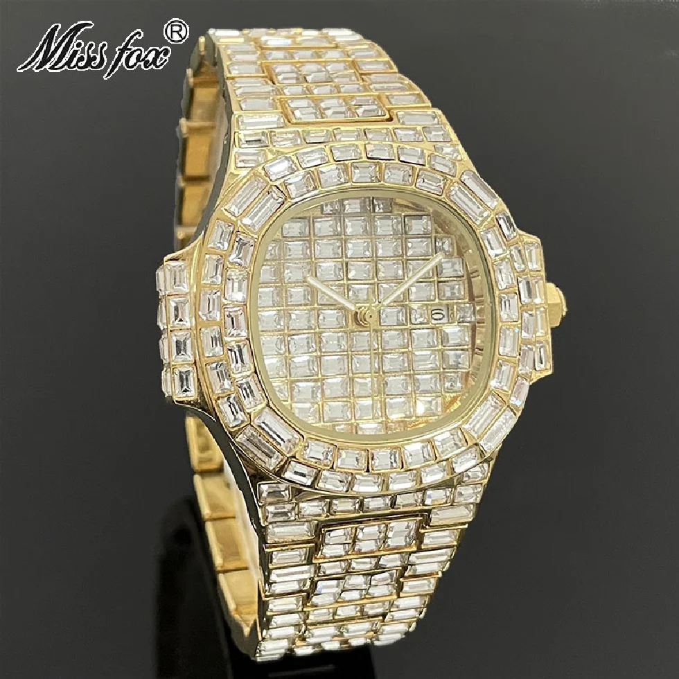 

MISSFOX Gold Mens Fashion Watches Luxury Brand Iced Out Diamond Quartz Wristwatches Full Stianless Steel Waterproof Clocks Reloj