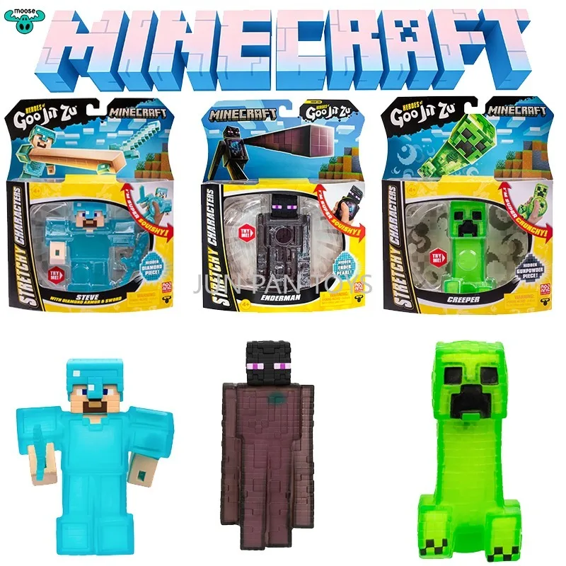 Фото Оригинальные фигурки Goo Jit Zu Minecraft: Стив с алмазным костюмом, зеленый Крипер, черный Эндермен, фиолетовый Эндер-перл. Подарки для детей, игрушки. №1