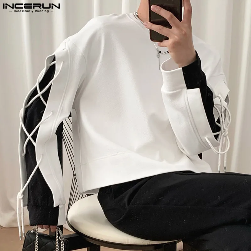 

Fashion Casual Style Tops INCERUN New Men Black&White Contrast Color Lace T-shirts Stylish Male Loose O-Neck Camiseta S-5XL 2023