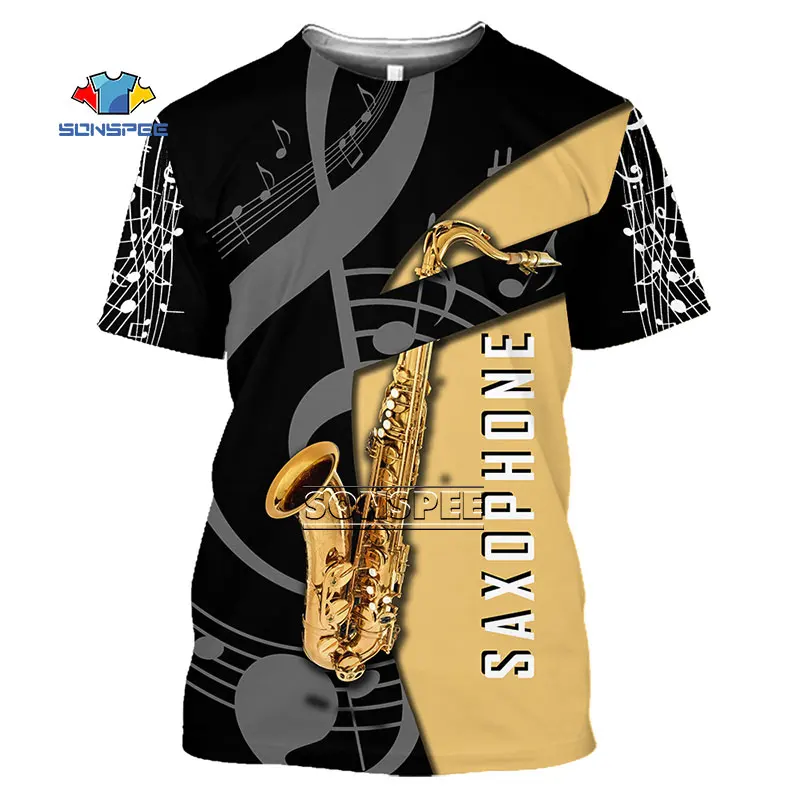 SONSPEE 3D Print Sax Guitar Clarinet Men's T-shirt Classic Music Instruments T Shirt Summer Casual Shirt Hip Hop Trend Design