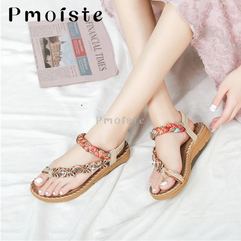 Women Sandals Summer Bohemia Rhinestones Holiday Beach Sandals Twist Ankle Strap Thick Sole Shoes for Women Soft Flip Flops 2023