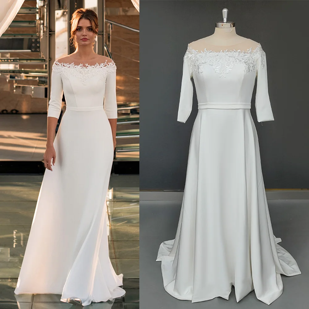 

Lace Sequins Illusion Off The Shoulder Princess Satin Wedding Dress Custom Made Half Sleeves Zipper Simple 2021 Bridal Dress