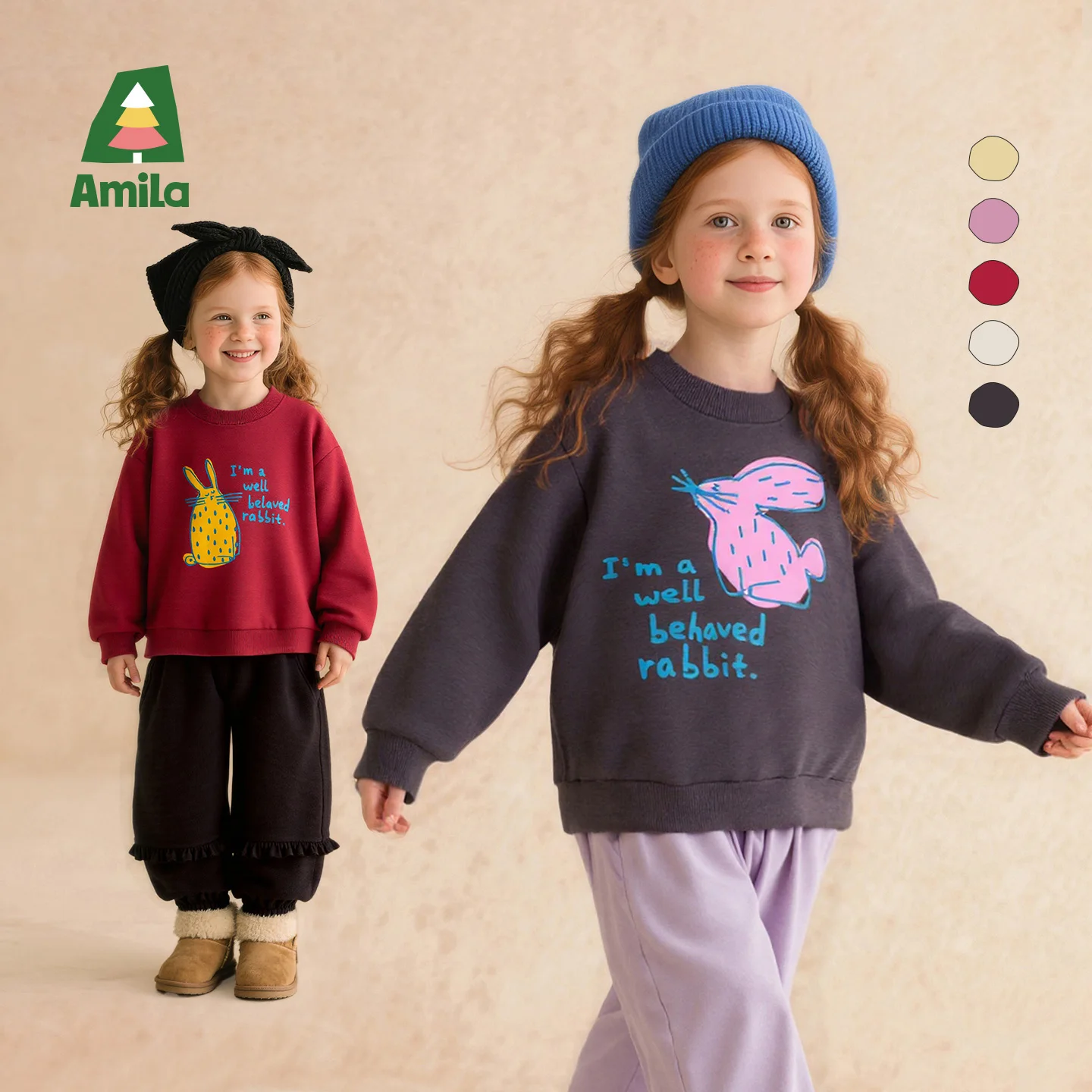 Фото Amila Kids 2025: зимняя детская спортивная толстовка для отдыха, желтый, бежевый, темно-серый, темно-красный, розовый, с забавным принтом №2