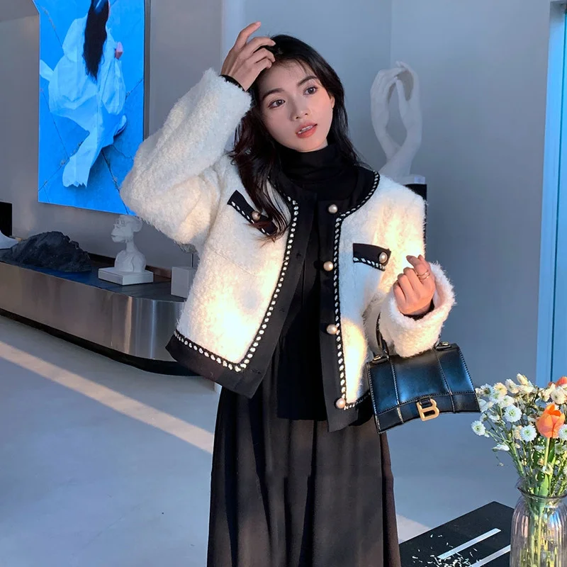 

French Small Fragrant White Short Coat Women Luxury Black Tweed Jacket Autumn Winter Women Korea Thickened Warm Wool Cropped Top