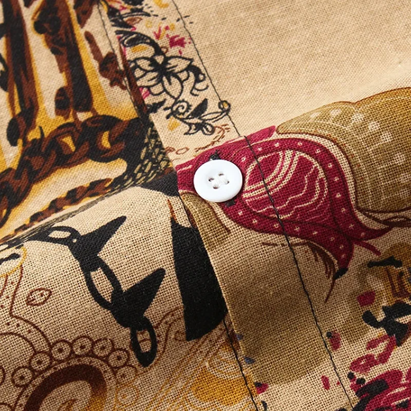 New Men's Vintage T-Shirts Print Ethnic Short Sleeve Button Up Lapel Casual Shirts Summer Mens Tee