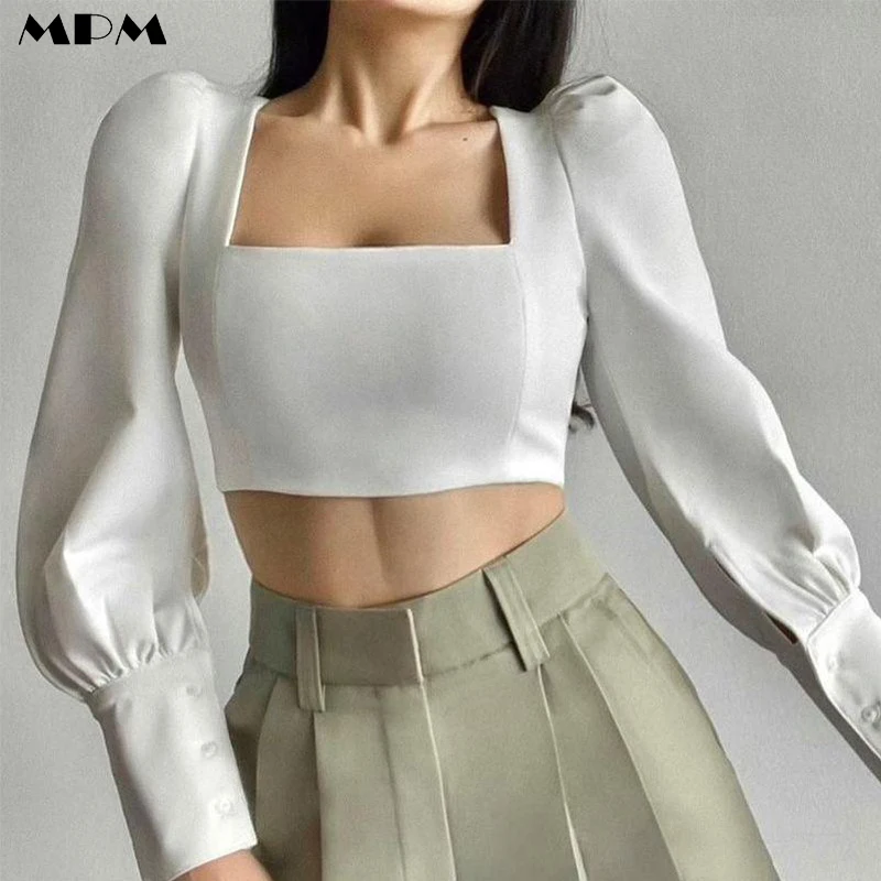 

Sexy Square Neck Backless Puff Sleeve Top Sleek Simple Solid Ladies T-Shirt Casual Short Women's Clothing 2022 Summer New