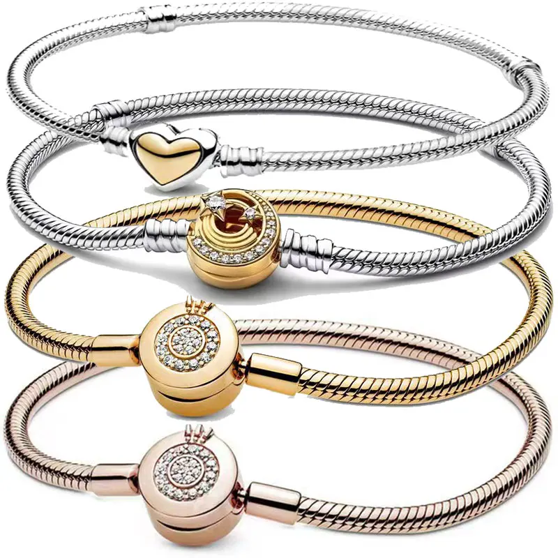 

2022 Disney Plata High Quality Snake Chain Bracelet for Original Beaded Bracelet Women's Exquisite Fashion Bracelet DIY Jewelry