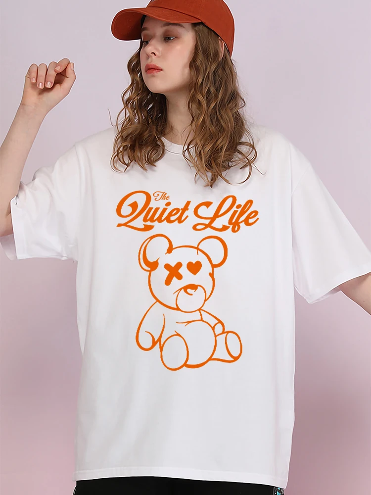 

Футболка женская с принтом мишки тедди, Повседневная Уличная одежда с круглым вырезом и мультяшным принтом, хлопковая Свободная рубашка в с...