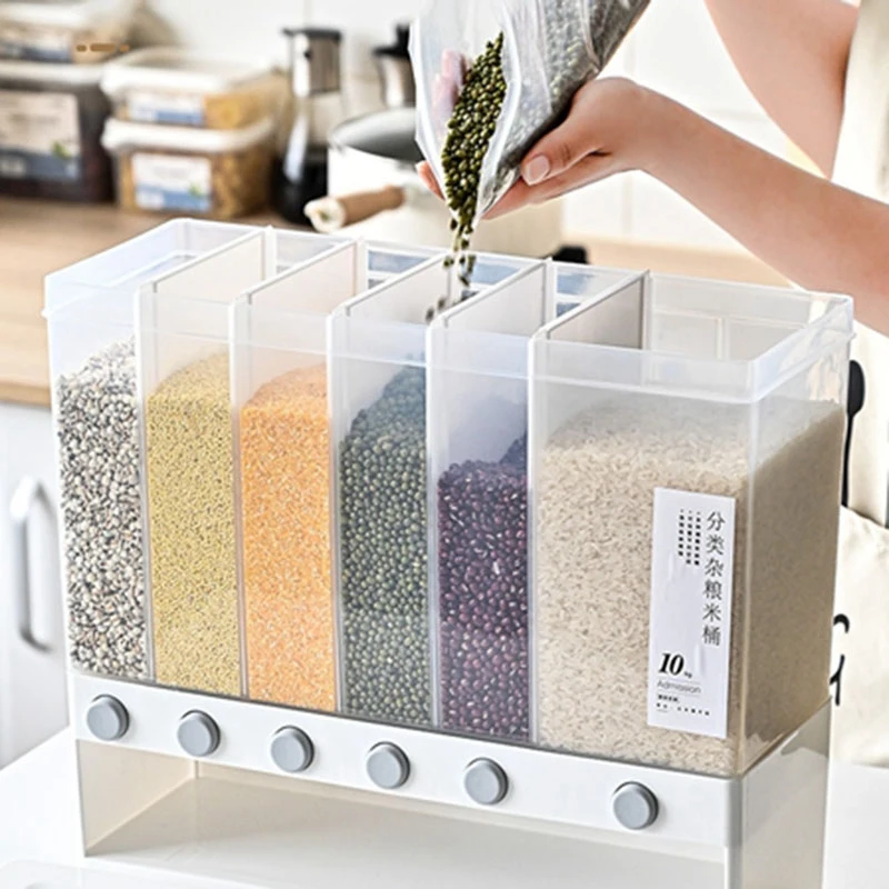 

Storage Box Rice Food Moisture Rice Cereal Bucket Racks Container Automatic Wall Storage Sealed Separate Dispenser Plastic