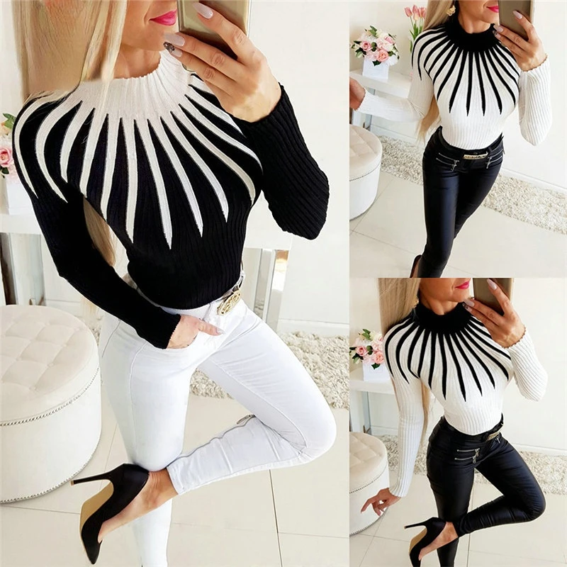 

2022 women's autumn and winter sweater colorblock stitching design turtleneck long-sleeved printed slim pullover knitted top