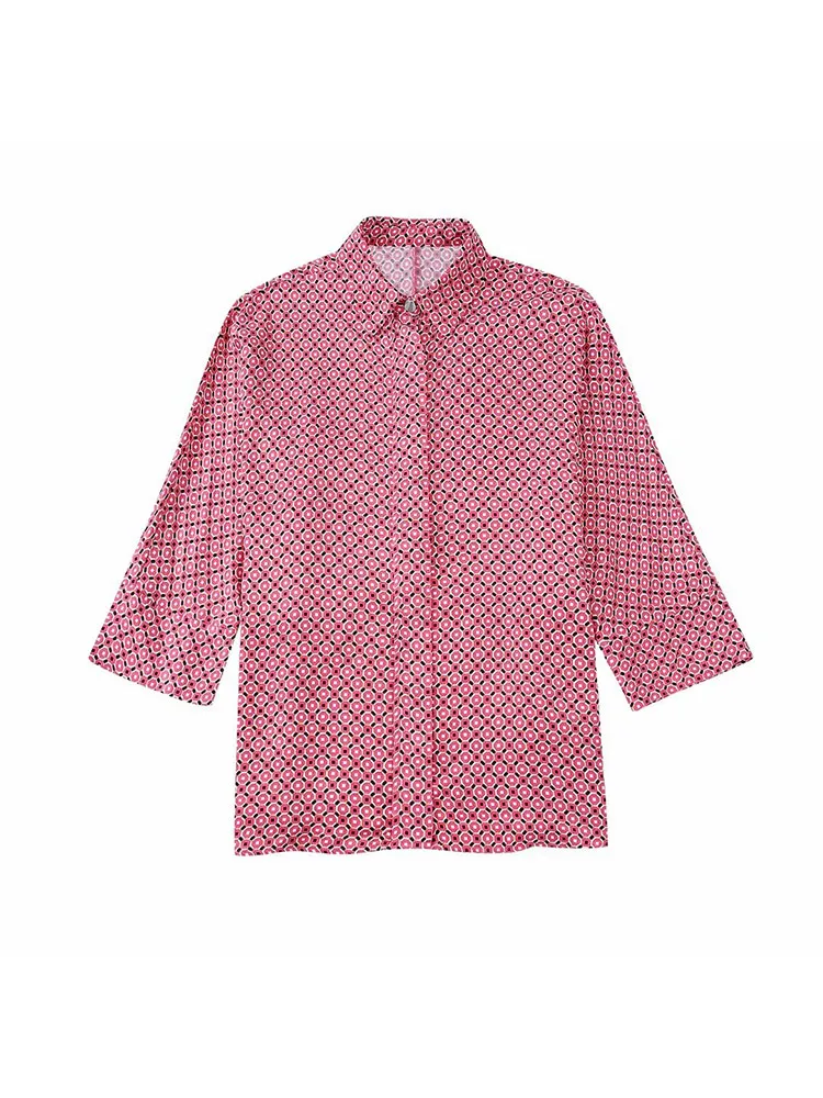 

DYLQFS 2022 Women New Fashion Geometric Print Loose Blouse Vintage Long Sleeve Single Breasted Lapel Female Chic Shirt