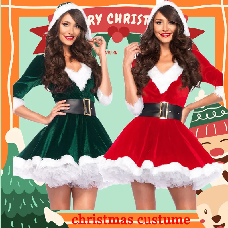 Sexy Women Costume Cosplay Christmas Costumes For Girl Fashion Miss Claus Dress Suit Santa Claus Sweetie Dress Cap Skirt Support