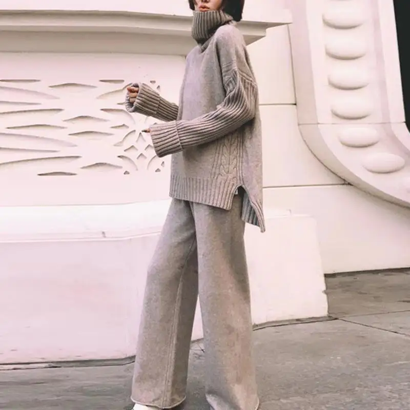 

autumn winter knitted pullover suit women's loose thin sweater wide-leg pants set