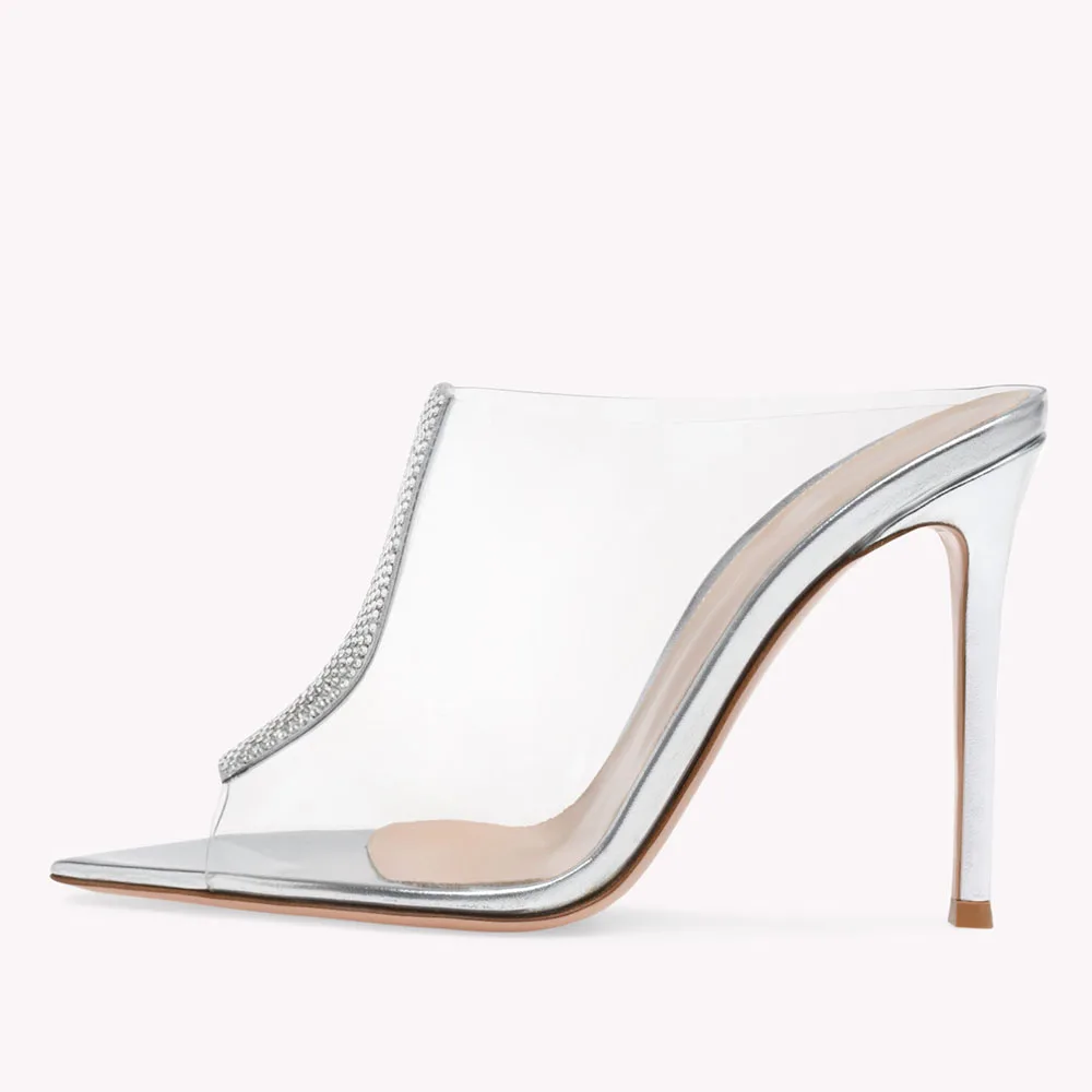 2023 Women's Pointed Toe Rhinestone Mules Sandals Stilettos Party High Heels Evening Shoes Ladies Silver Crystal PVC Slippers